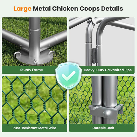 Metal Large Walk In Chicken Coop With Split Door And Roosting Perch, 10x20 Outdoor Poultry Run, sturdy frame, galvanized structure, lock