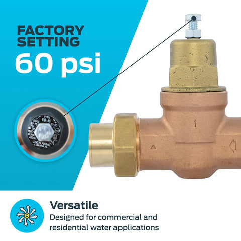 Cash Acme EB45 pressure regulating valve, side view, 1-inch sweat connection, brass body, double union, metal top, 60 psi