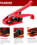Heavy Duty Handheld Manual Strapping Tensioner And Cutter Windlass Tool Built Tough As Nails For Top Shelf One Half To Three Quarters Inch Polyester Polypropylene Bands, showing grab, tighten, and cutting functions.