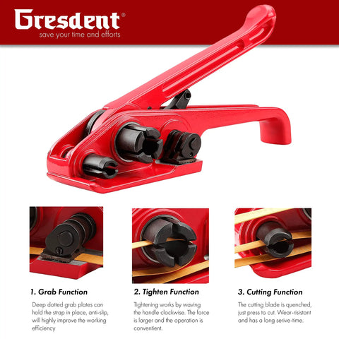 Heavy Duty Handheld Manual Strapping Tensioner And Cutter Windlass Tool Built Tough As Nails For Top Shelf One Half To Three Quarters Inch Polyester Polypropylene Bands, showing grab, tighten, and cutting functions.