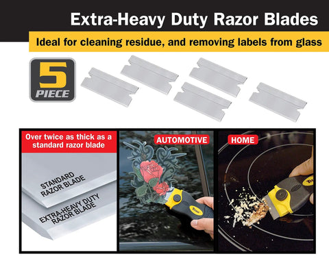 5 extra-heavy duty razor blades shown with home and automotive use, part of 2-Piece Multi-Purpose And Mini Razor Scraper Set
