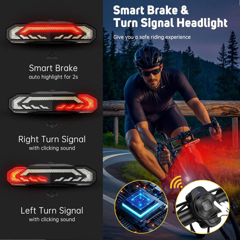 Cyclist using Smart Bike Turn Signals With Slick Rechargeable Front Light And Loud Horn, Waterproof Anti Theft Alarm system.