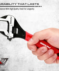 Rock Solid Six Inch Adjustable Wrench Forged From Heat Treated Chrome Vanadium Steel With Anti Slip Cushion Grip And Precision Metric Sae Scale Markings For Tradesmen Who Expect Zero Sweat Heavy Duty Tool Performance held in hand with visible gauge markings.