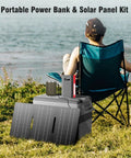 Person sitting outdoors with Off Grid Portable Solar Power Bank With 65W 110V AC Outlet 24000mAh and 30W folding solar panel.