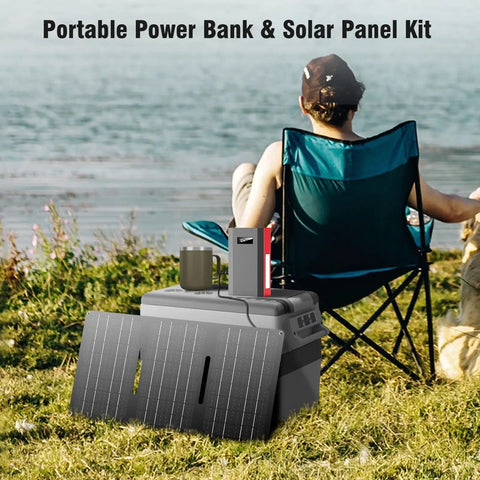 Person sitting outdoors with Off Grid Portable Solar Power Bank With 65W 110V AC Outlet 24000mAh and 30W folding solar panel.