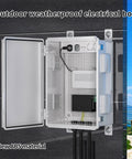 Rugged Outdoor Electrical Enclosure Box With Ventilated Design Waterproof ABS Cabinet Junction Box open on wall with wires visible.