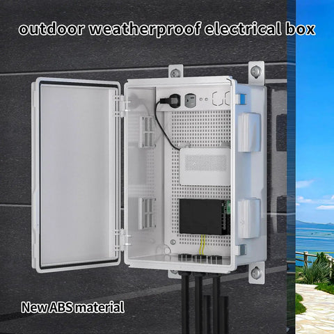 Rugged Outdoor Electrical Enclosure Box With Ventilated Design Waterproof ABS Cabinet Junction Box open on wall with wires visible.