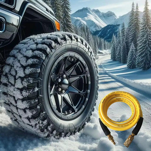 Heavy Duty Air Hose 1/4 X 10 Ft, Kink Resistant Hybrid Air Compressor Hose With Solid Brass Fittings on snowy terrain.