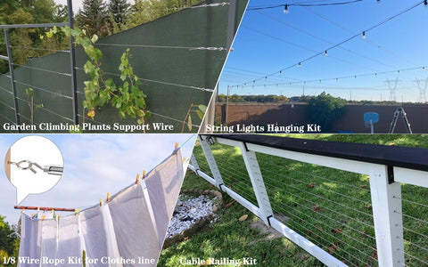 1/8 Inch Stainless Steel Wire Rope Kit With 100 Feet Vinyl Coated Cable, M5 Turnbuckles for outdoor lights and clothesline