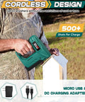 Man using Cordless Electric Staple Gun For Wood With T50 Staples And USB Charger Heavy Duty Stapler on wooden box outdoors