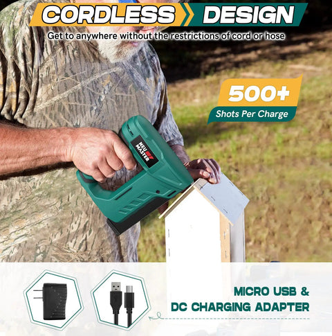 Man using Cordless Electric Staple Gun For Wood With T50 Staples And USB Charger Heavy Duty Stapler on wooden box outdoors