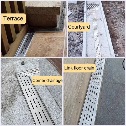 All In One Stainless Steel Trench Drainage System Kit With Outdoor Grate For Courtyards And Driveways shown installed in different areas.