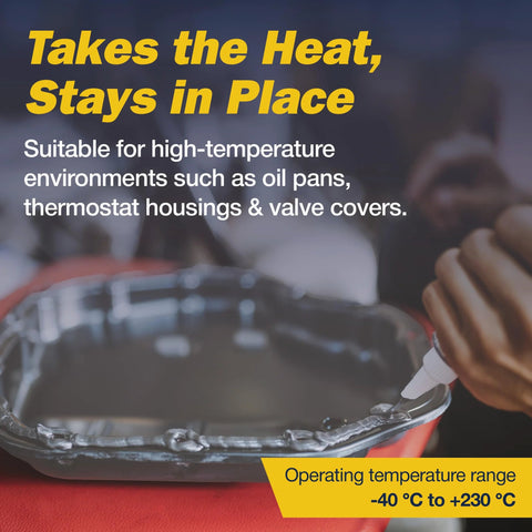 High-temp RTV gasket maker being applied to an oil pan, ideal for valve covers and thermostat housings, heat-resistant sealant.