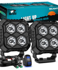 LED Pod Light Kit Two Pack 2.8 Inch 20W Square Offroad Lights with 4 LED hyper spot beams and wiring harness in package