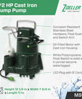 Heavy Duty Half HP Submersible Sump Pump with Cast Iron Housing, stainless steel hardware, LED power plug, and float switch