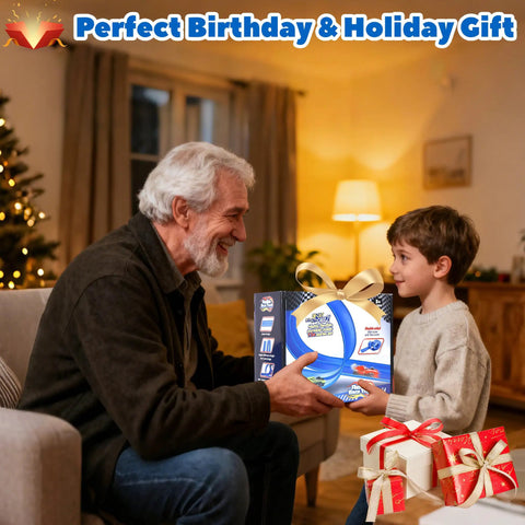 Grandfather giving Flexible Fifteen Foot Race Car Track Set For Kids with Double Sided Racetrack Suction Cups gift to grandson