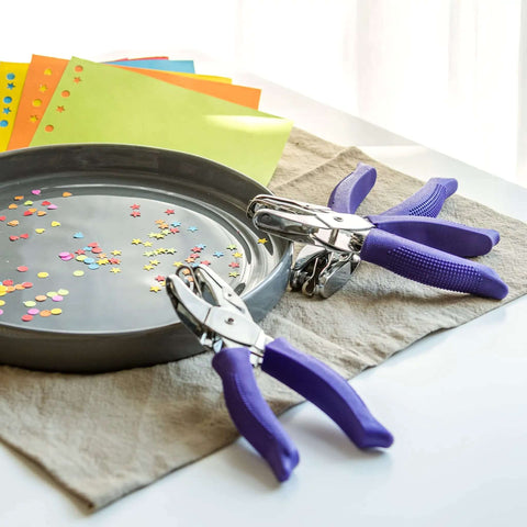 Durable Heavy Duty Hole Punch Set with handy soft grip handles for scrapbooking and crafts, includes star, circle, and heart shapes.