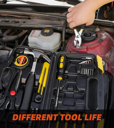 40 Piece Home Tool Set With Plastic Toolbox Storage Case And Chrome Vanadium Hand Tools Including Hammer Pliers Tape Measure Screwdrivers And Bits For Quick DIY Projects And Everyday Home Repairs shown in use.
