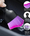Curved Car Detailing Brush With Soft Bristles For Dashboard And Air Vents in use, compact design shown in close-up on vehicle controls.