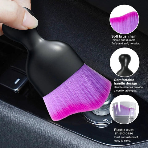 Curved Car Detailing Brush With Soft Bristles For Dashboard And Air Vents in use, compact design shown in close-up on vehicle controls.