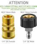 Front view of FIXFANS pressure washer adapters: brass M22 14mm male and black M22 14mm female with 1/4 inch QC ends.