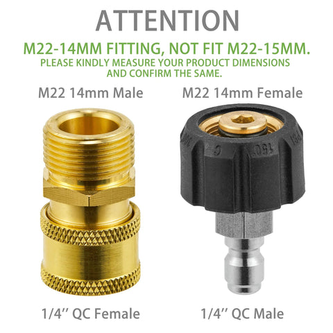 Front view of FIXFANS pressure washer adapters: brass M22 14mm male and black M22 14mm female with 1/4 inch QC ends.