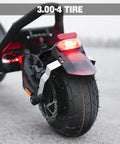 Rear view of a scooter showcasing a 3.00-4 Tire and Inner Tube with TR87 Bent Valve for E300, E300S, E325 Go Kart and Mini Chopper.