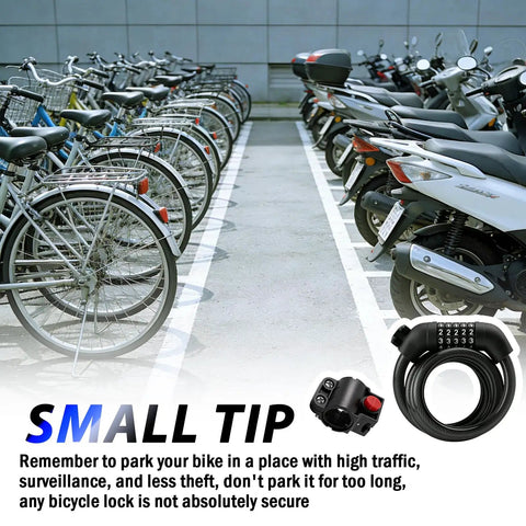 Bike and motorcycle parking with 4ft 5 Dial Resettable Bike Lock Cable With Quick Release Mount High Strength Anti Cut Security For Bikes.