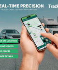 Hand holding smartphone displaying Ace Gps Tracking Device For Cars And Fleet Vehicles Featuring A Hella Durable Long Battery Life Enables Smooth Real Time Asset Monitoring With Cancel Anytime Plans Keep Your Gear Secure Without Extra Stress On The Road.