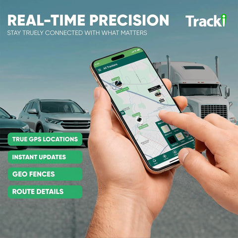 Hand holding smartphone displaying Ace Gps Tracking Device For Cars And Fleet Vehicles Featuring A Hella Durable Long Battery Life Enables Smooth Real Time Asset Monitoring With Cancel Anytime Plans Keep Your Gear Secure Without Extra Stress On The Road.