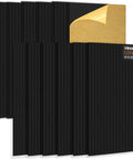 12 Pack Large Acoustic Wall Panels Covering 92.8 Square Feet With Solid Peel And Stick Sound Absorbing Backing To Knock Down Echoes And Elevate Your Home Studios Offices Or Media Rooms In Black laid out with adhesive backing.