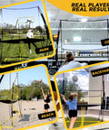 Indoor And Outdoor Volleyball Training Net System Built To Last Sturdy Adjustable And Portable For Realistic Practice Boost Your Accuracy Timing And Technique And Skills With Easy Assembly And Quick Storage shown in park, court, backyard, and beach settings.
