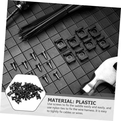 Heavy Duty Black Plastic Saddle Cable Tie Clips With Screw Fixing 100 Piece Kit arranged with screws on a textured background.