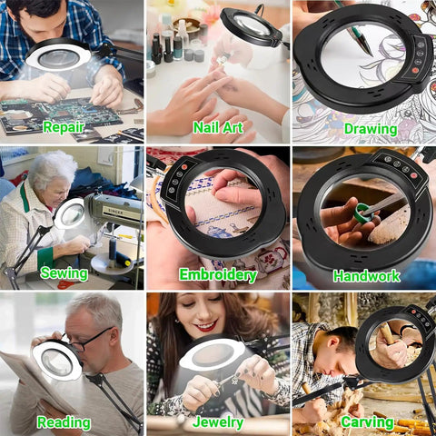 15X Magnifying Glass With Light And Stand For Crafting, Reading, And Repair Tasks, 5 Color Modes, illustrated uses for tasks