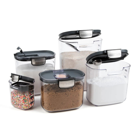Clear Plastic Airtight Food Storage Canister Set For Flour And Sugar With Magnetic Accessories, Easy Kitchen Organization, Grey 9 Piece