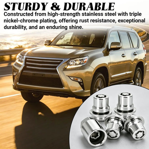 Beefy Anti Theft Wheel Lock Lug Nuts, M12 X 1.5 Chrome Plated Security Fasteners With Custom Cut Key, four piece set with SUV.