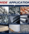 Image displaying different metals and materials labeled for wide application: stainless steel, alloy steel, copper, cast iron, carbon steel, aluminum, plywood, acrylic, other metal.