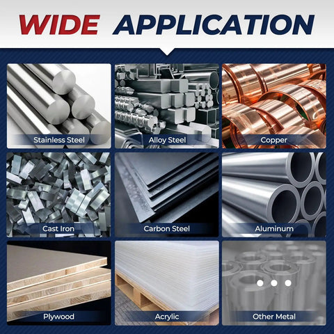 Image displaying different metals and materials labeled for wide application: stainless steel, alloy steel, copper, cast iron, carbon steel, aluminum, plywood, acrylic, other metal.