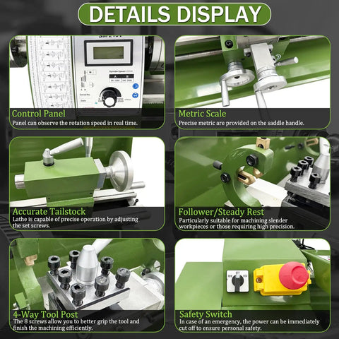 Control panel, metric scale, tailstock, and tool post of Shop Grade Benchtop Metal Lathe With Dual Chucks For Long Shafts Tubes 1100W Brushless Motor.