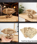 Steampunk Airship 3D Wooden Puzzle Kit with 169 Pieces for Teens and Adults, detailed view and assembly sheets