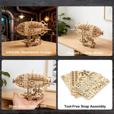 Steampunk Airship 3D Wooden Puzzle Kit with 169 Pieces for Teens and Adults, detailed view and assembly sheets
