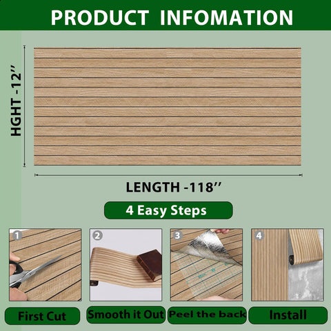 No Sweat Peel And Stick Faux Wood Slats Self Adhesive Wall Panels Light Oak Finish, 12" height, 118" length, installation guide.