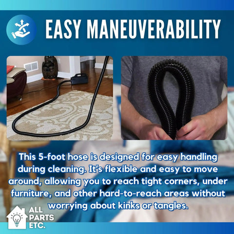 Replacement 5 Foot Hose For Oreck XL Canister Vacuums And Handheld Units in use and coiled for easy maneuverability.