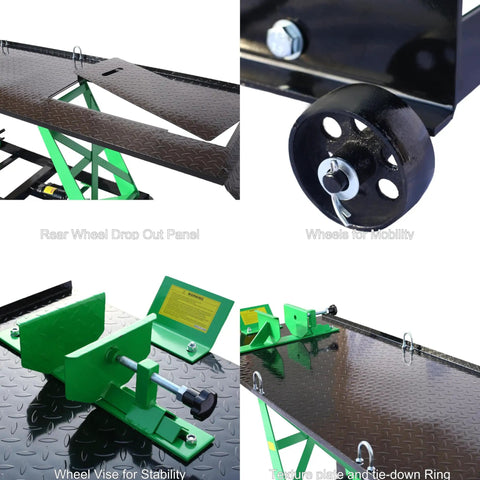Heavy Duty Hydraulic Motorcycle Lift With A Badass 1000 Lb Load Rating And Smooth Cranking Hoist Jack Stand For Garage Repairs Plus Adjustable Mobile Ramp In Bright Green