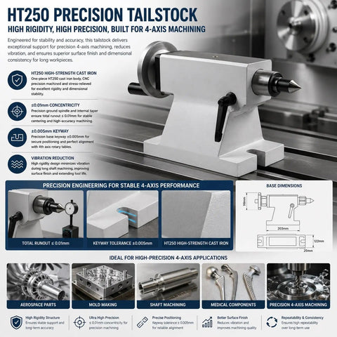 HT250 precision tailstock for 4-axis machining applications with sub-micron precision and durable cast iron construction.