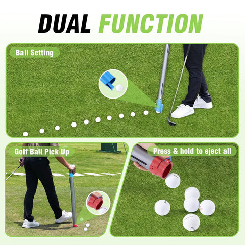 Dual Function Aluminum Golf Ball Retriever And Ball Setting Tube in use on golf course, showing ball pickup and release mechanism.
