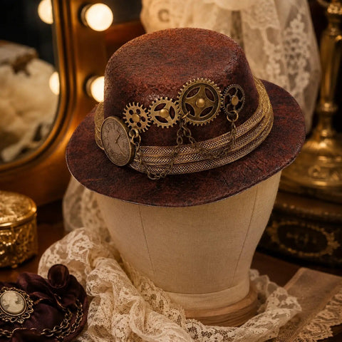 Cool Steampunk Mini Top Hat Fascinator With Antique Gold Clock Gears And Roman Numeral Dial on display with intricate details.