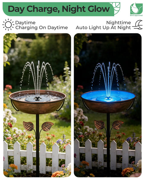 Metal Bird Bath With Solar Fountain, 13 Inch Bowl And 6.3 Inch Solar Pump, Battery And LED Lights installed in garden