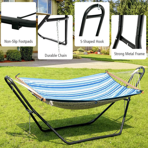 Heavy Duty Steel Hammock Stand For Indoor And Outdoor Use Yard Ready Fits 9 To 13 Foot Hammocks With 450 Pound Capacity shown in yard
