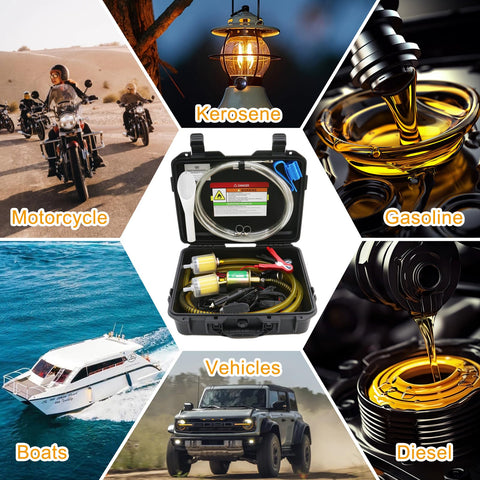 Portable 12V Fuel Transfer Pump Kit with case, dual power cords, flexible fuel line for gasoline, diesel, kerosene transfers